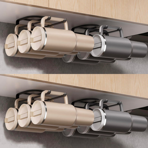 MOJOHAND tumbler rack with double hanging rod keeps Stanley tumblers accessible in pantry