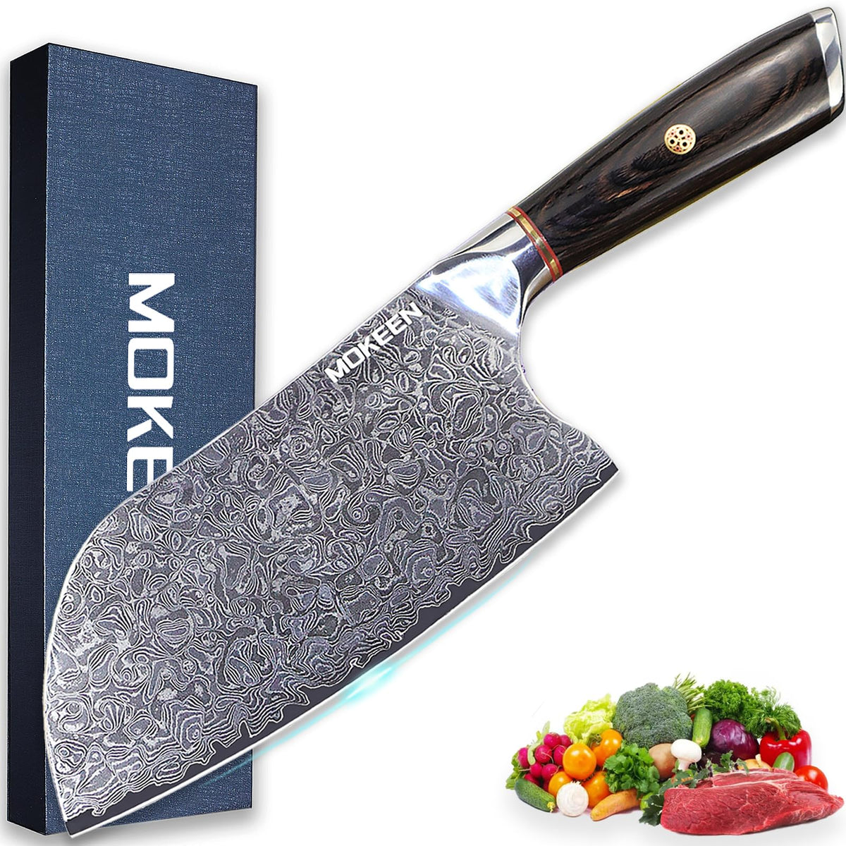 MOKEEN cleaver 7 inch blade with Damascus pattern for precise slicing