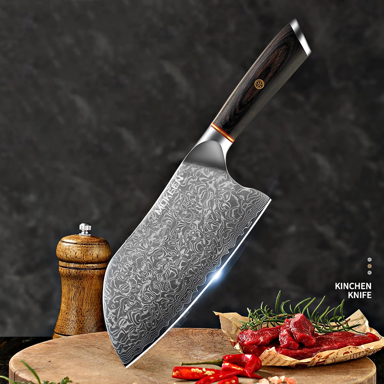 MOKEEN cleaver Damascus craftsmanship and pattern detail