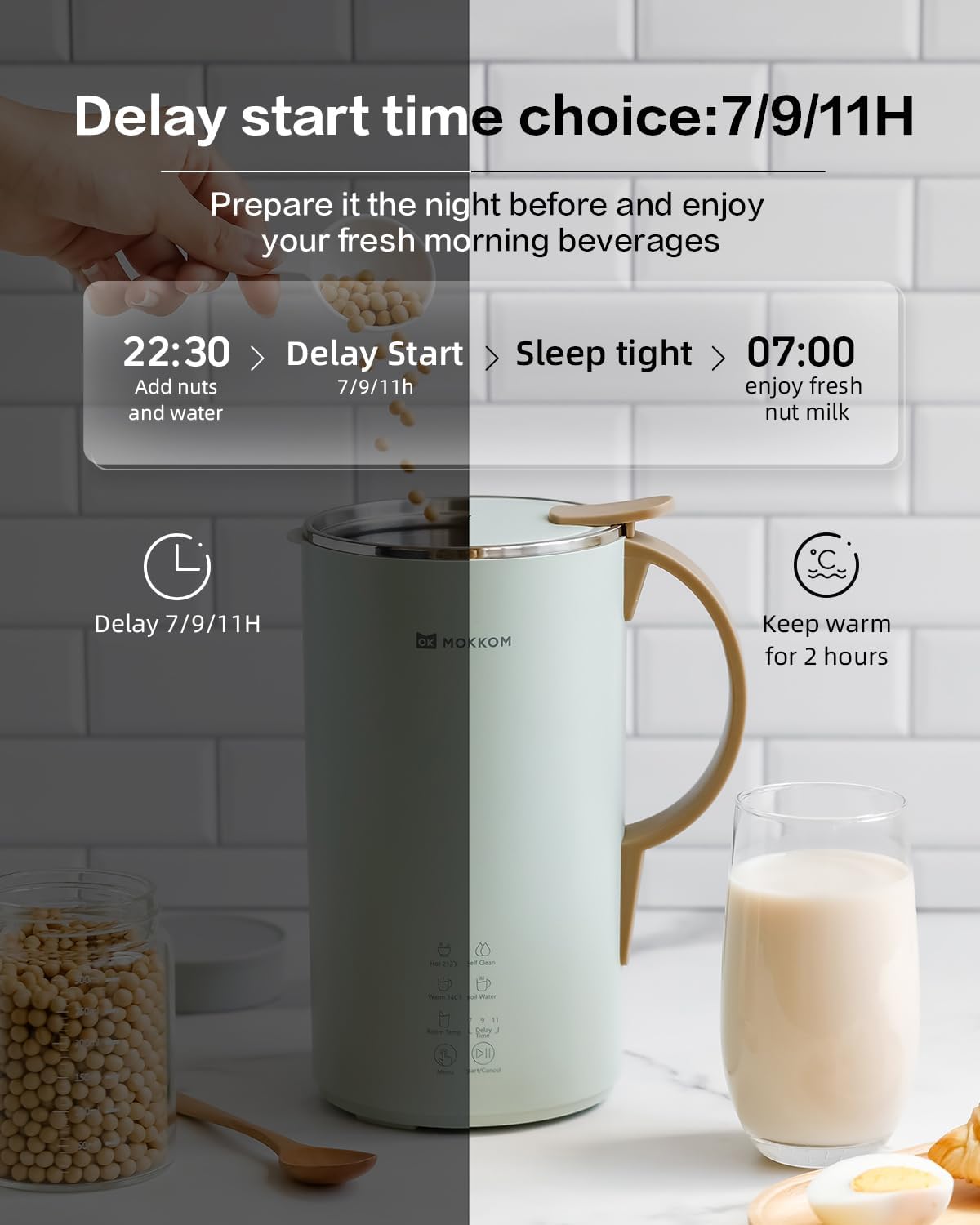 MOKKOM automatic nut milk maker dispensing milk into a glass with creamy consistency.