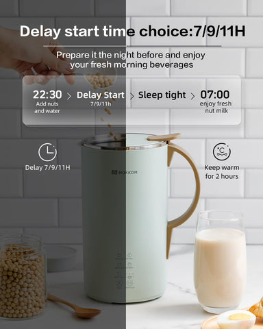 MOKKOM automatic nut milk maker dispensing milk into a glass with creamy consistency.