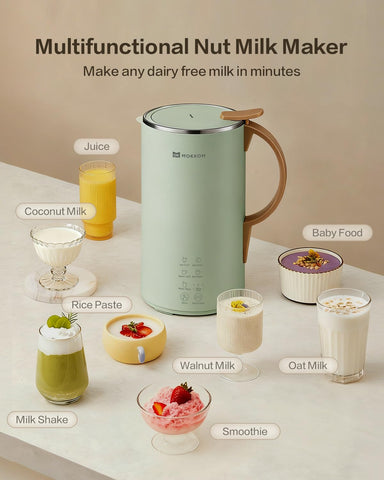 MOKKOM automatic nut milk maker blade detail highlights four-leaf stainless steel blades for smooth milk.