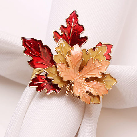 Mokylor maple leaf napkin ring close-up with metallic finish for fall tables.