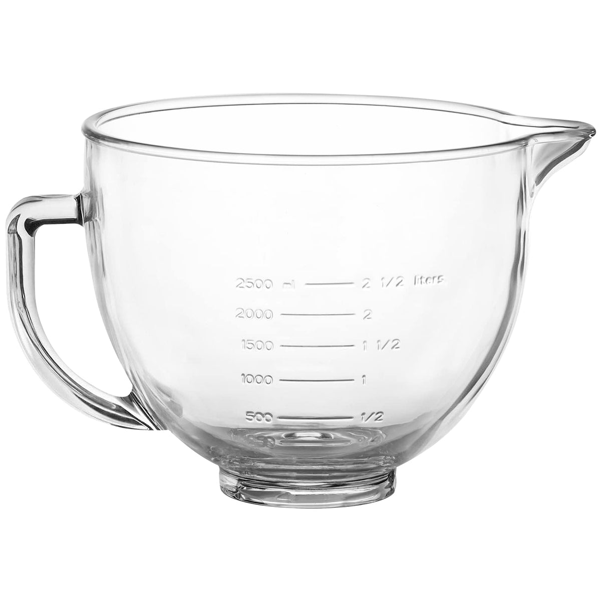 MOLIGOU glass mixing bowl front view showing 4.5–5 qt compatibility with KitchenAid.