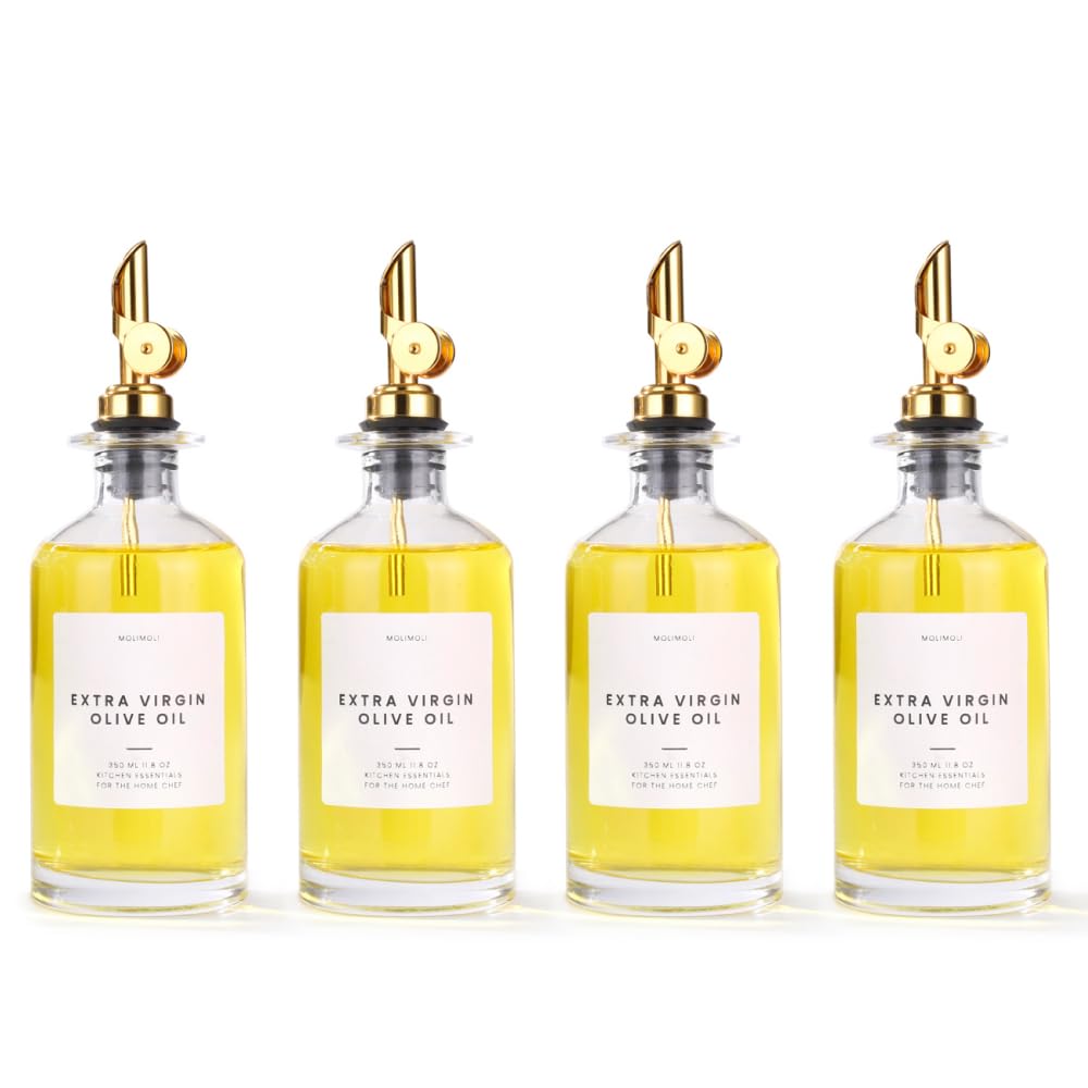 Molimoli glass oil cruet bottles with clear visibility for precise pouring.