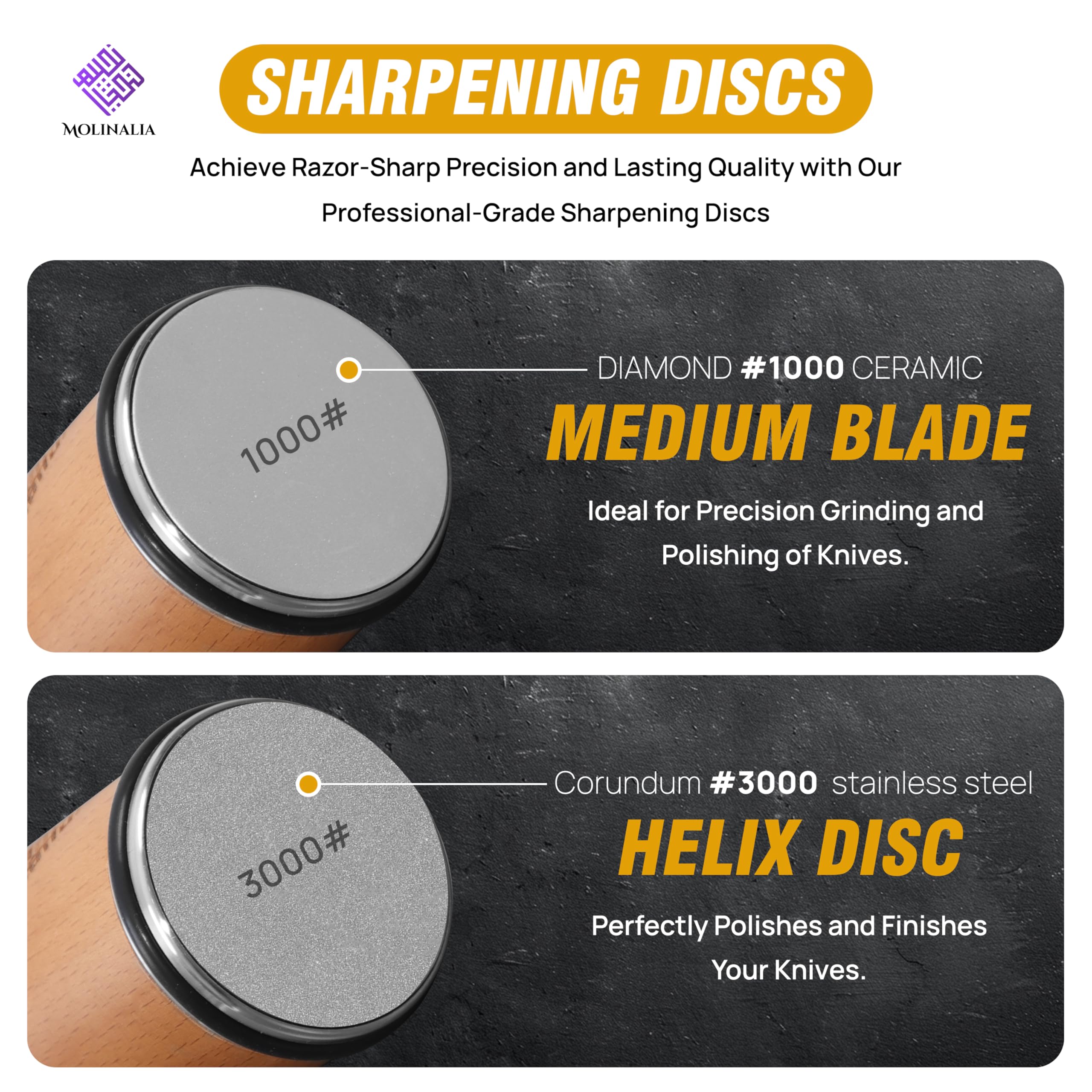 MOLINALIA ceramic disc refines blades to a smoother edge (#3000).