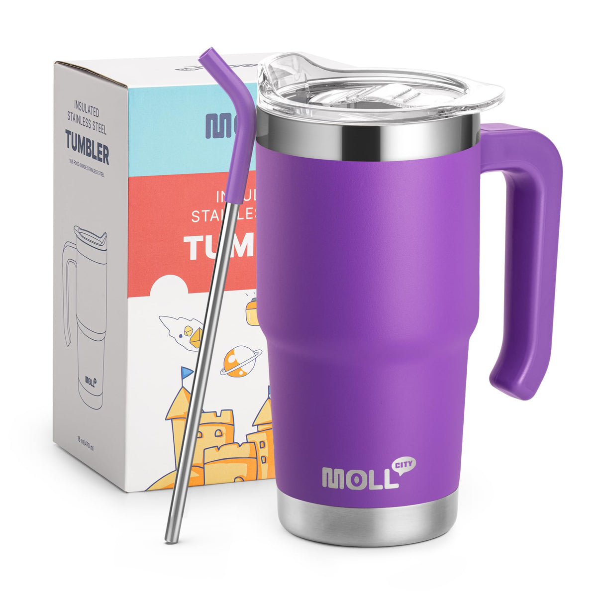 Mollcity Kids 16oz tumbler with purple handle, durable build for daily use