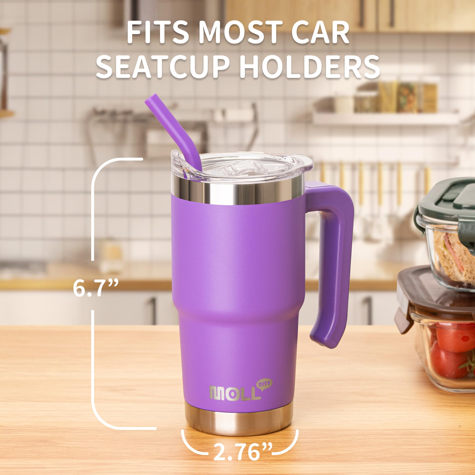 Mollcity tumbler with leak-proof lid and straw on purple bottle for spills prevention