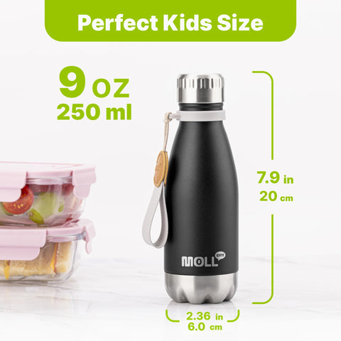 Mollcity bottle with detachable carry rope attached to a backpack.