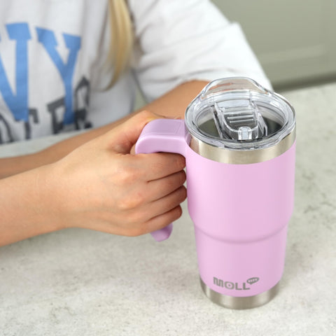 Mollcity travel mug with ice inside, showing cold beverage ready