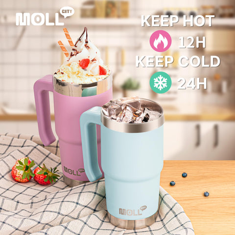 Mollcity mug with lid and straw in baby blue, secure spill prevention
