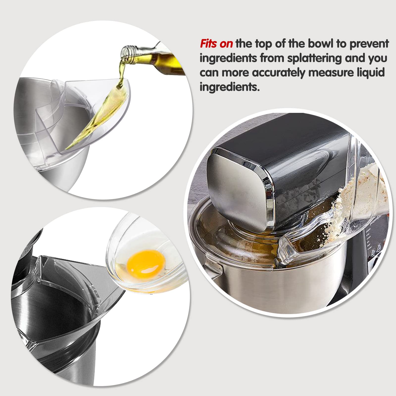 Moloudan splatter guard keeps counter clean while adding ingredients mid-mix.