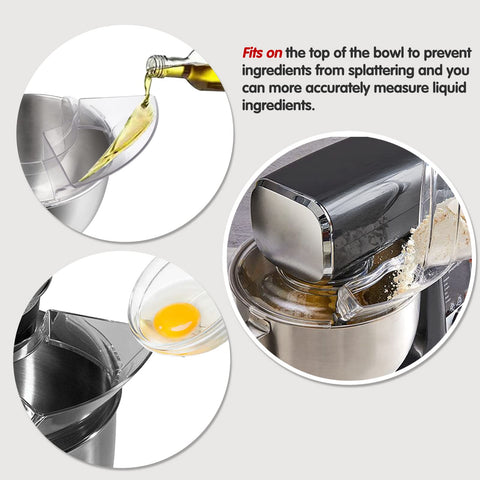 Moloudan splatter guard keeps counter clean while adding ingredients mid-mix.
