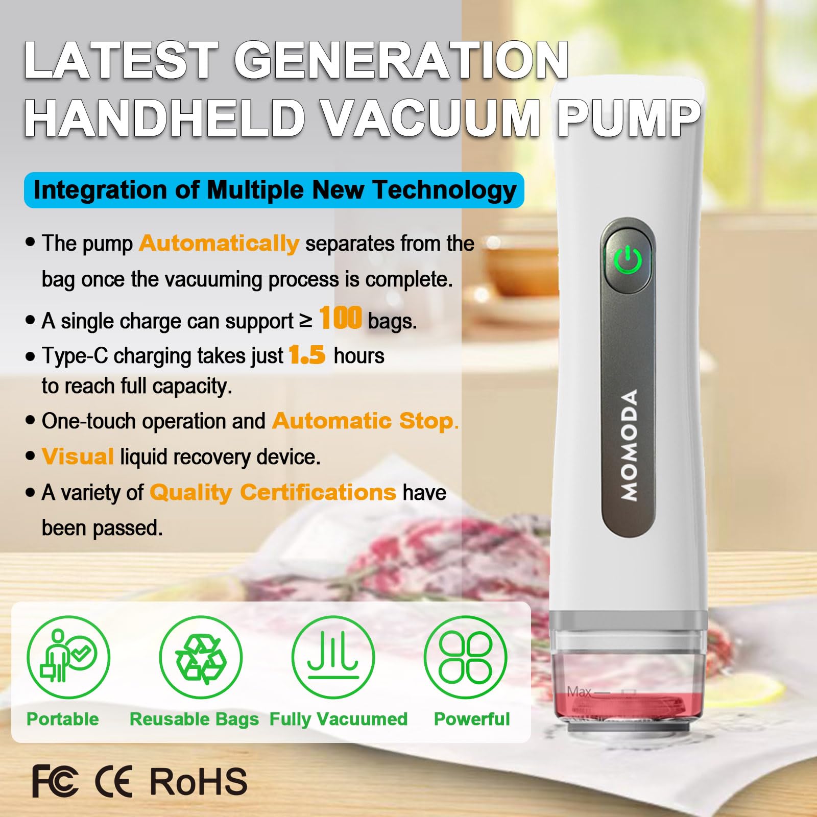 MOMODA cordless handheld vacuum sealer in use for portable sealing.