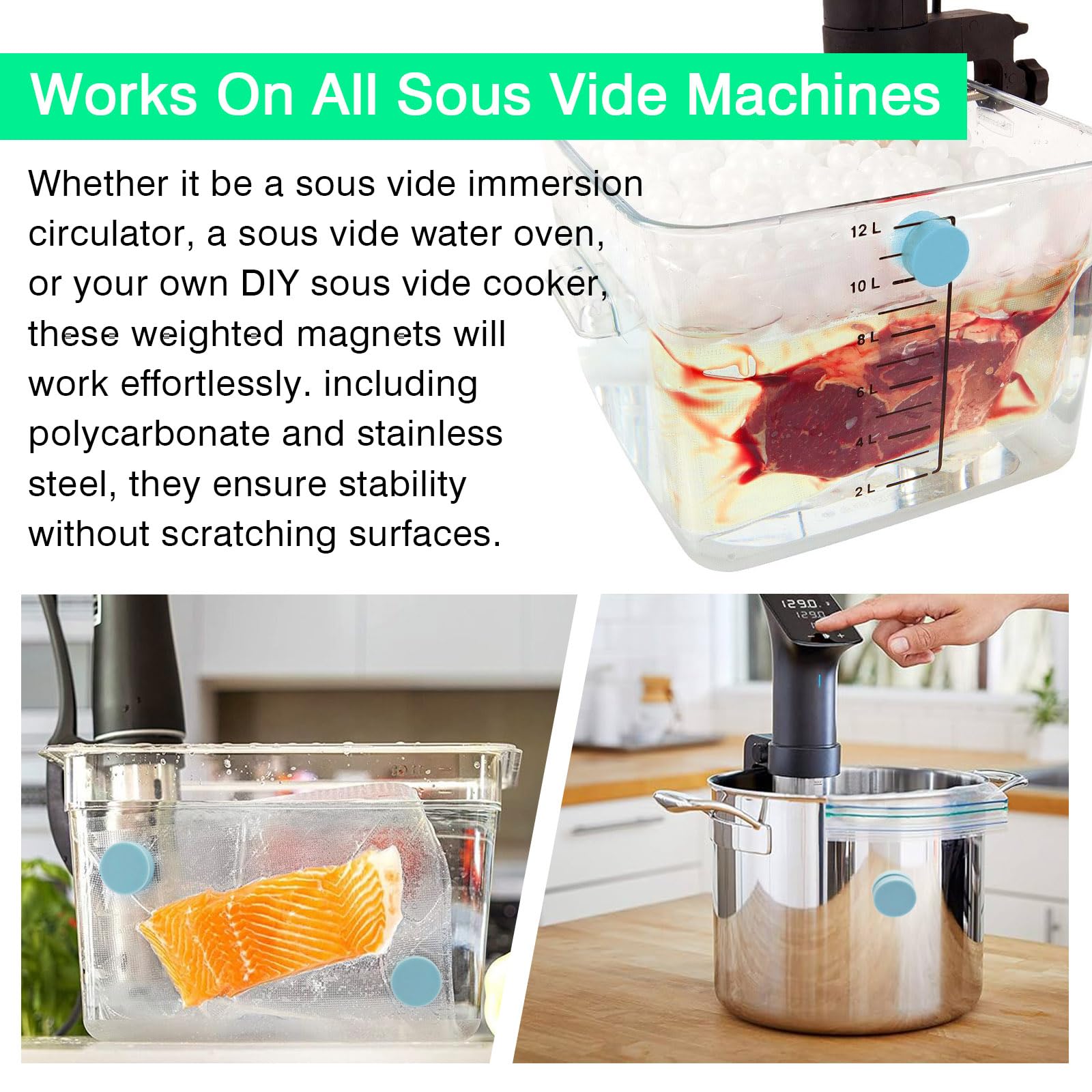 Orange silicone-coated weights provide stable bag placement on any sous vide setup.