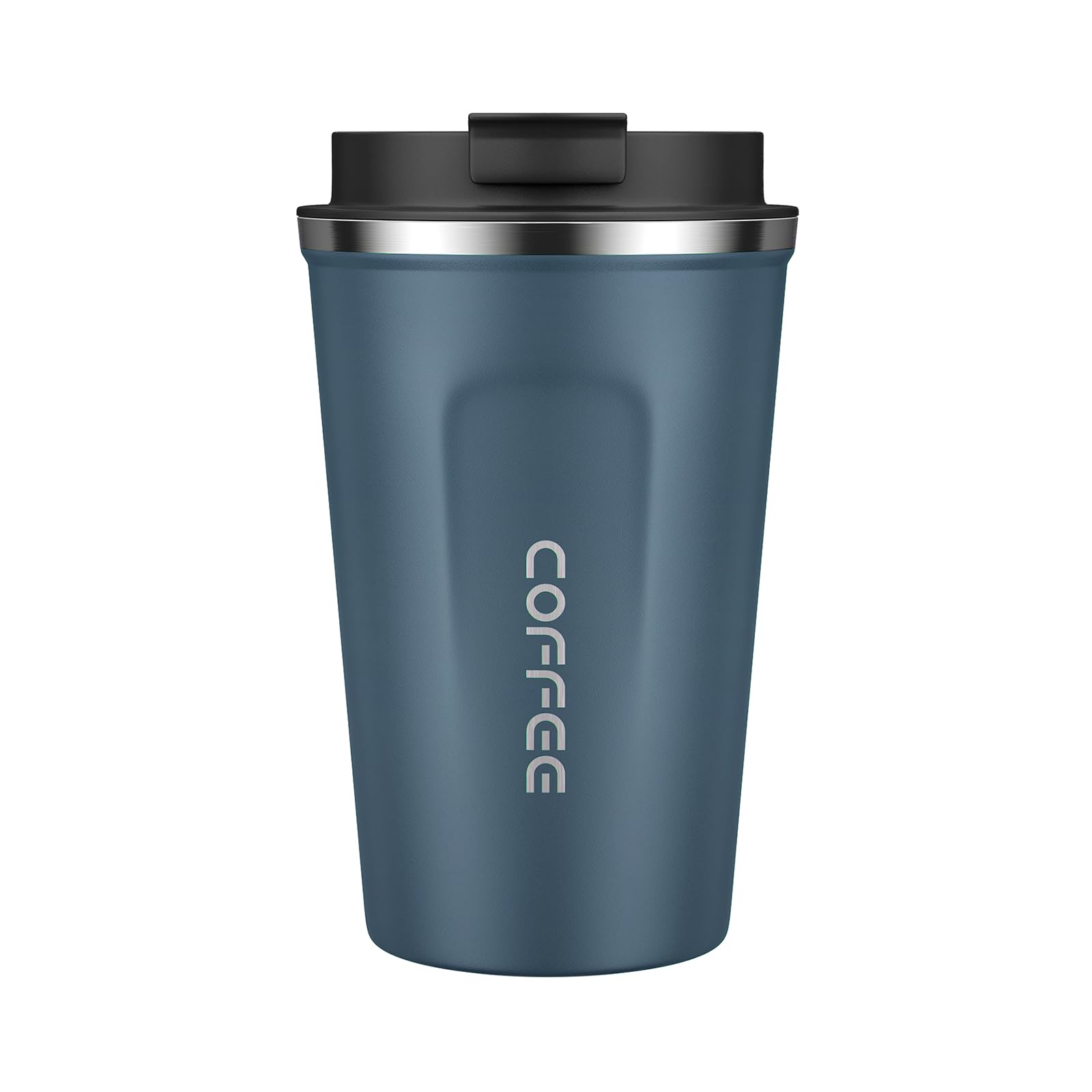 MOMSIV 12oz travel mug blue cap close-up highlighting leakproof lid for on-the-go sipping
