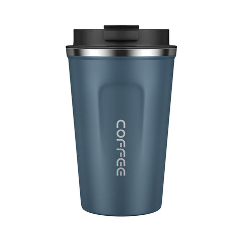 MOMSIV 12oz travel mug blue cap close-up highlighting leakproof lid for on-the-go sipping