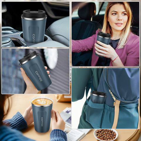 MOMSIV 12oz travel mug blue steaming coffee indicates warmth and aroma