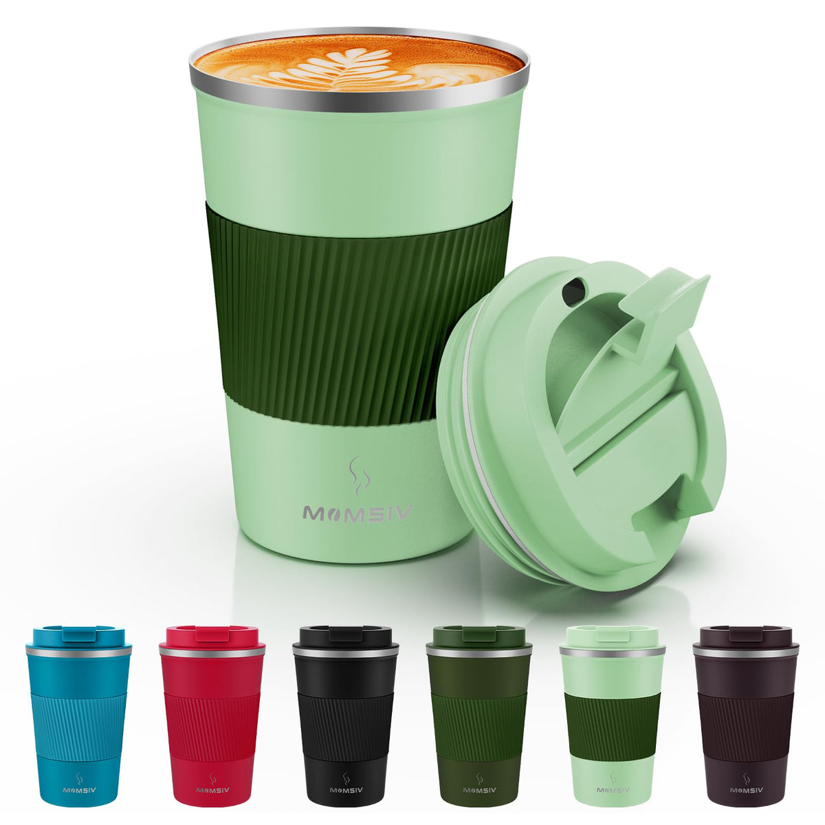 MOMSIV 12oz travel mug in green with leakproof lid for mess-free on-the-go hydration