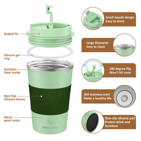 MOMSIV insulated coffee cup with double-walled stainless steel keeps beverages at temperature longer