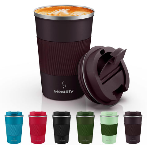 MOMSIV travel mug 12oz brown with secure lid for on-the-go hydration.