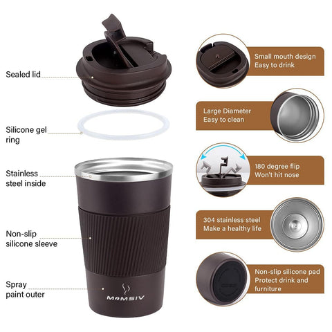 MOMSIV travel mug flap-opening design allows quick access while driving.