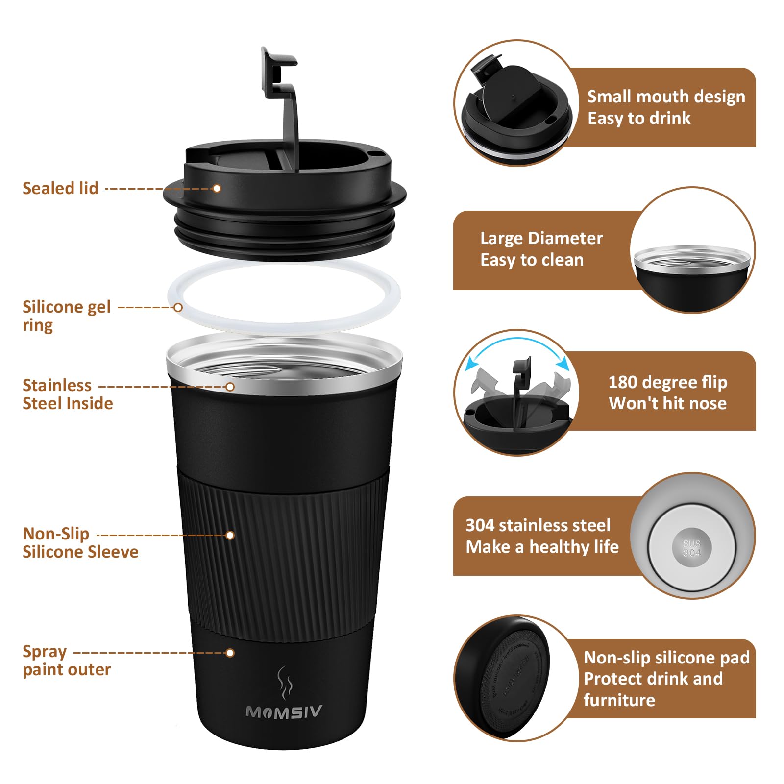 MOMSIV travel mug leakproof screw-on lid prevents spills during commutes.