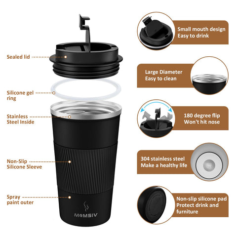MOMSIV travel mug leakproof screw-on lid prevents spills during commutes.