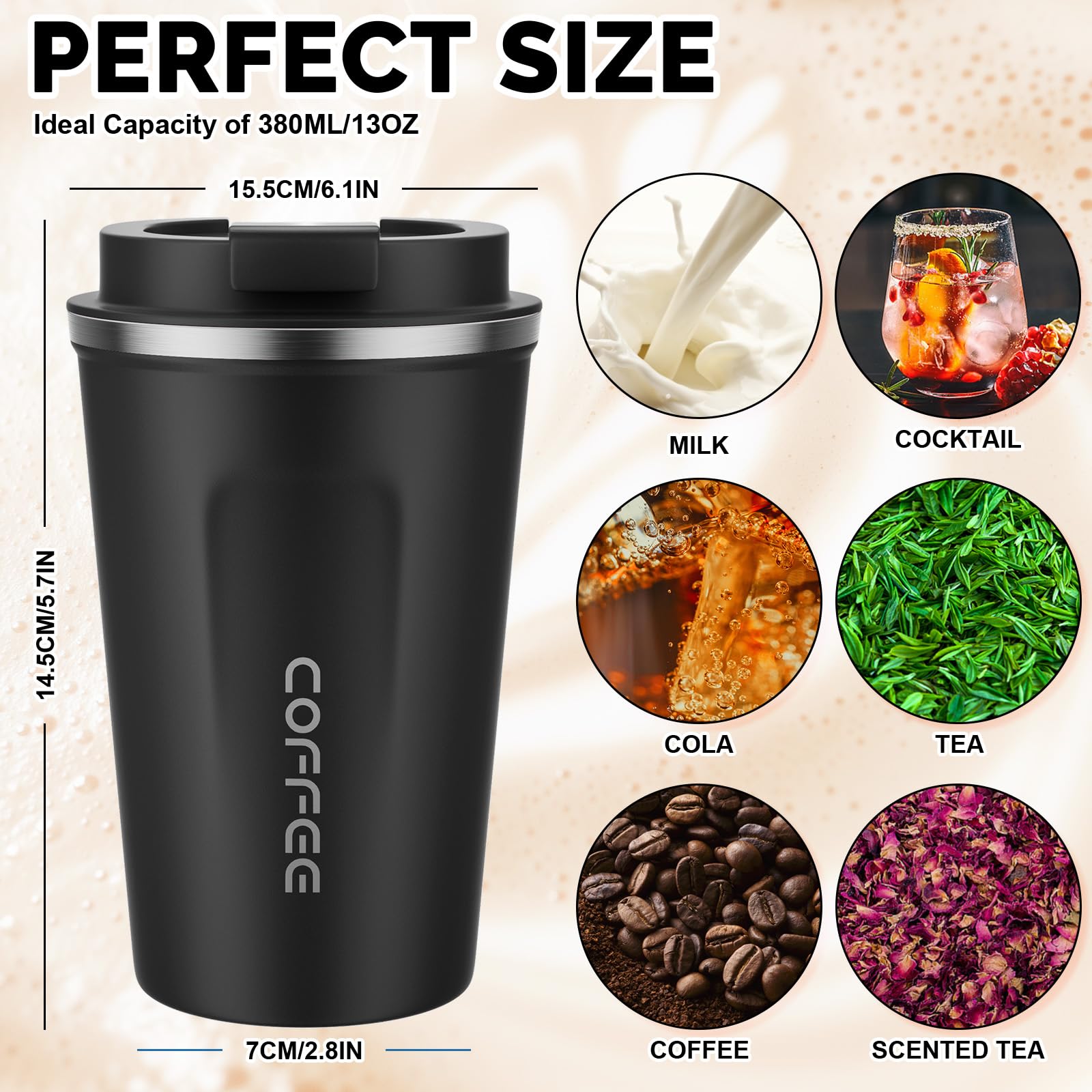 MOMSIV travel mug shows one-handed use with flap opening for easy sipping.