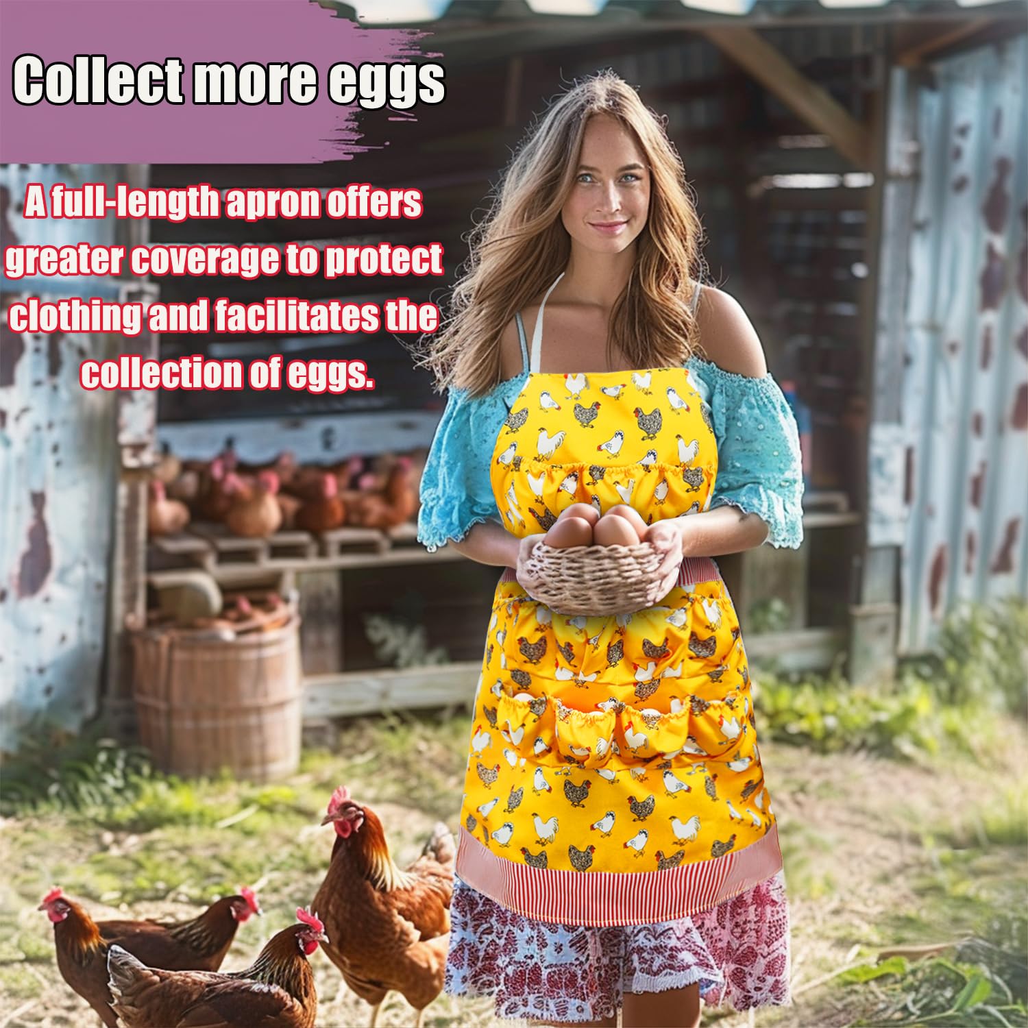 MomWow egg apron features a hen pattern, adding style to coop chores.
