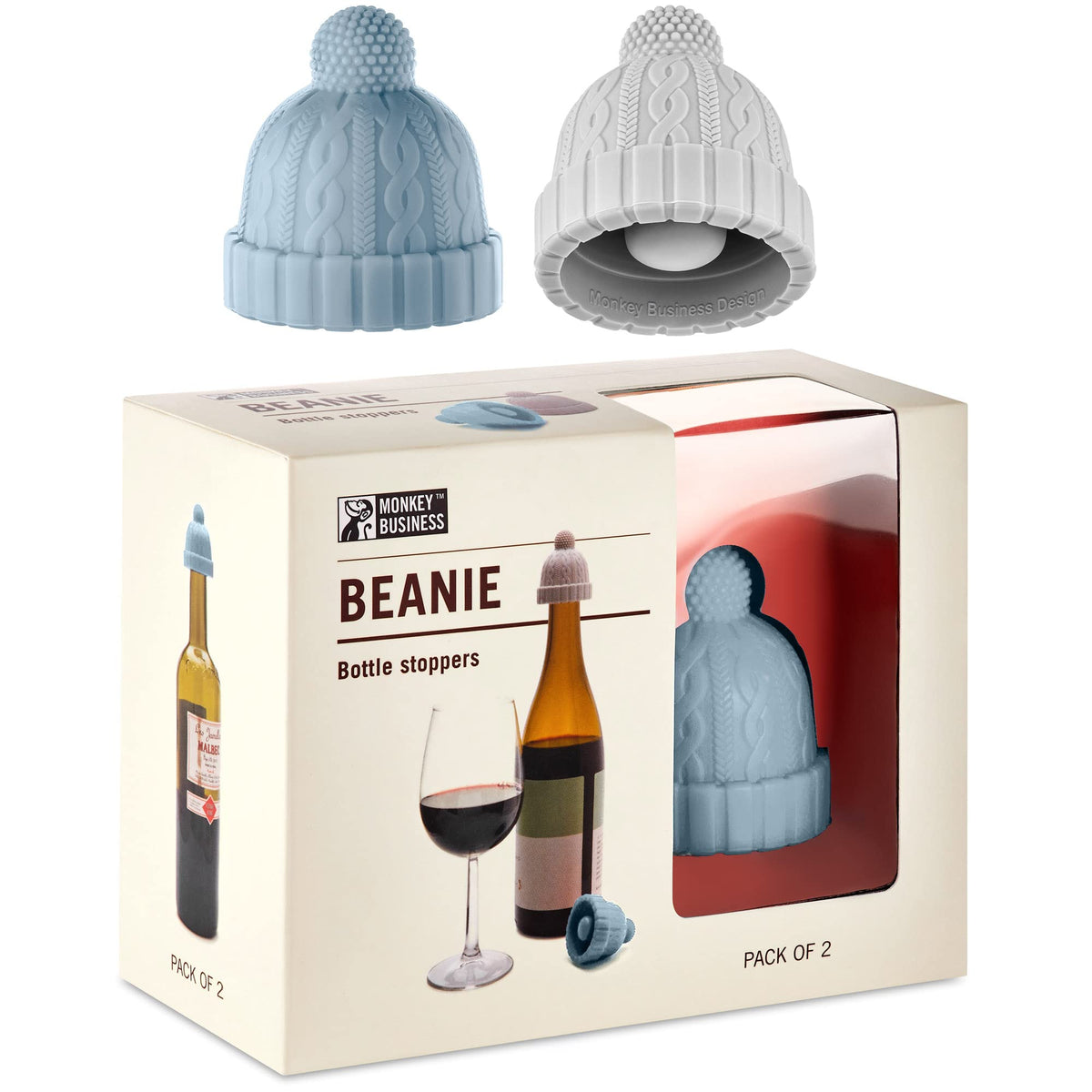 Monkey Business Beanie Cap Stopper in blue seals wine with playful style.