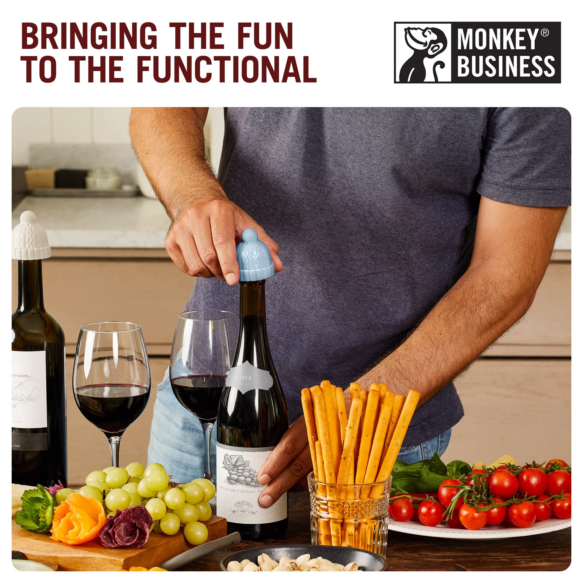Gift box duo of Monkey Business beanie stoppers presents a cheeky wine gift.