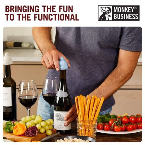 Gift box duo of Monkey Business beanie stoppers presents a cheeky wine gift.