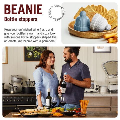 Monkey Business Beanie Cap Stopper in grey keeps wine fresh and ready to sip.