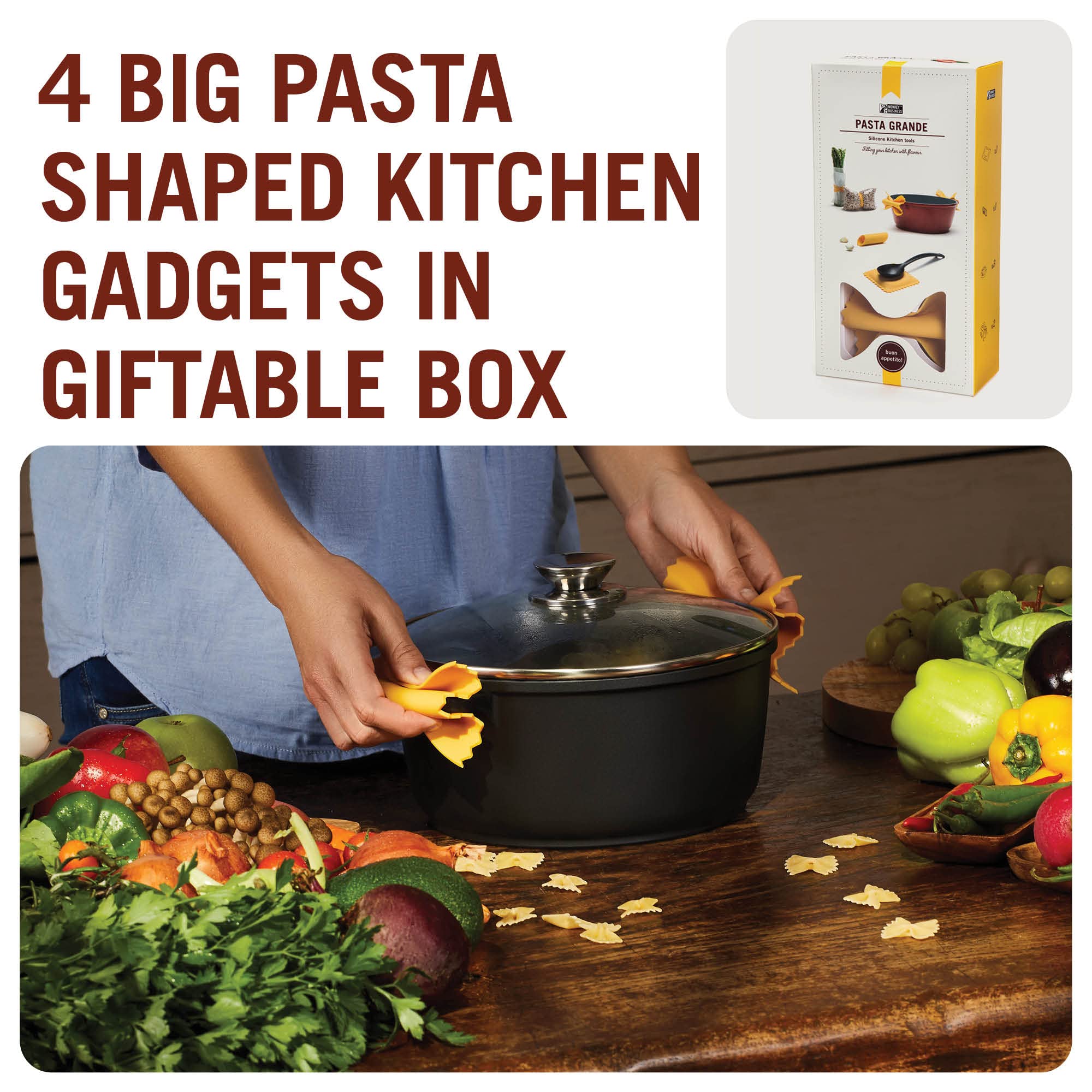 Monkey Business Pasta Grande gift box opened showing four pasta shapes