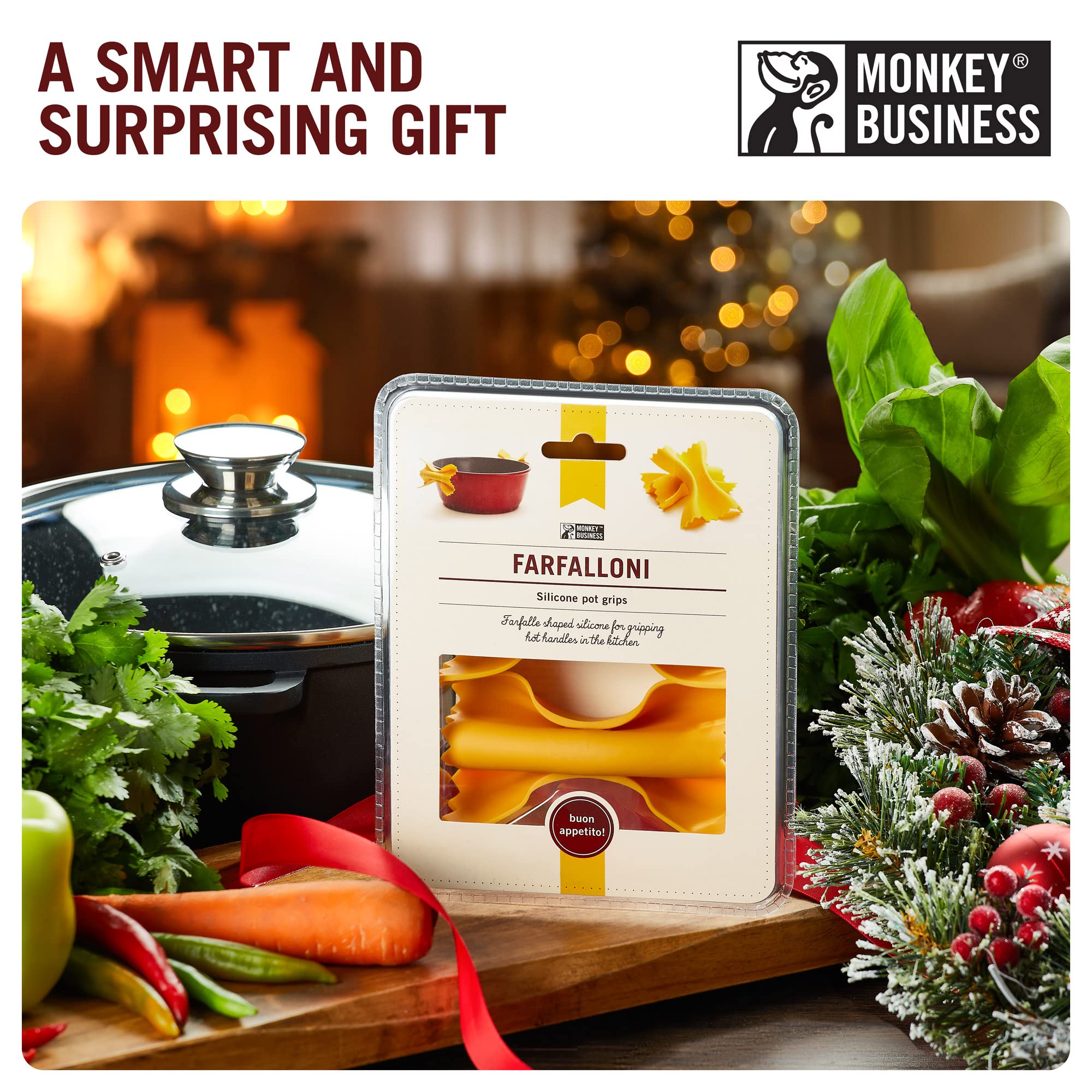 Monkey Business pot holders on counter while prepping pasta.