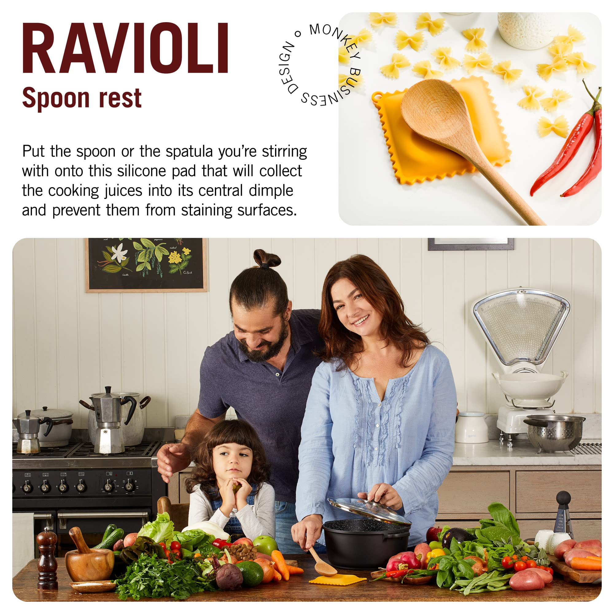 Monkey Business ravioli spoon rest with dimple center catches drips for mess-free cooking.
