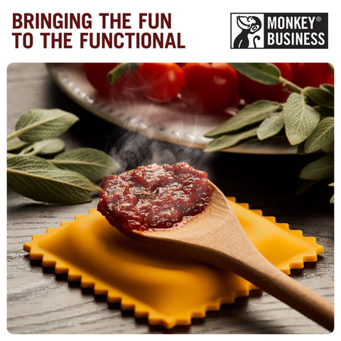 Monkey Business ravioli spoon rest made from durable silicone for daily kitchen use.