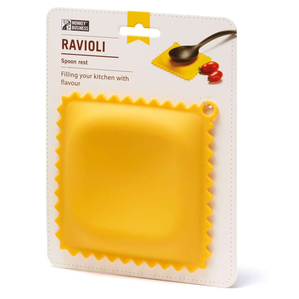 Monkey Business ravioli spoon rest on counter keeps utensils clean and surfaces protected.