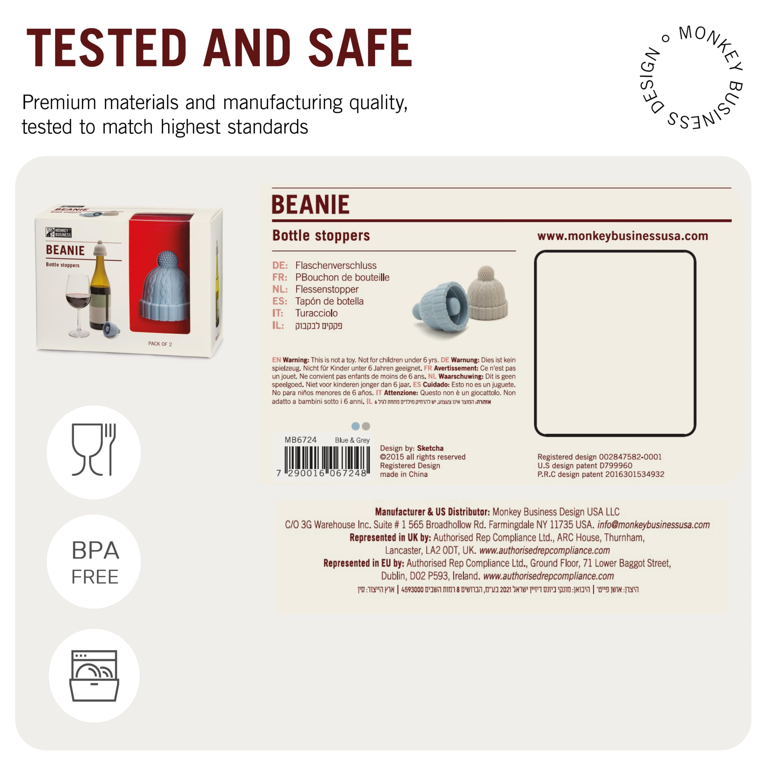 Set of two Monkey Business stoppers offers versatile wine and beverage preservation.