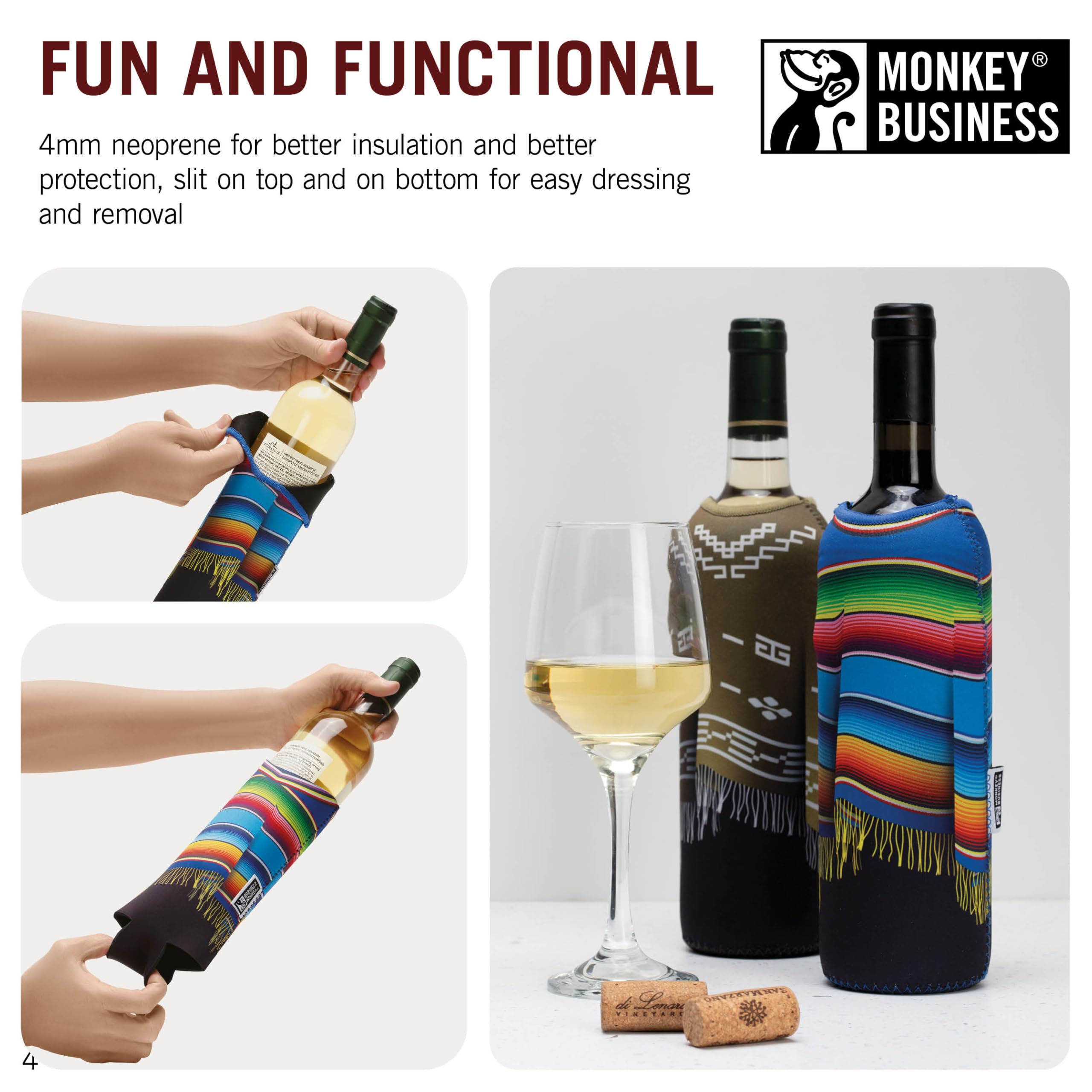 Monkey Business two-pack sleeves fit standard 750ml bottles for a snug look.