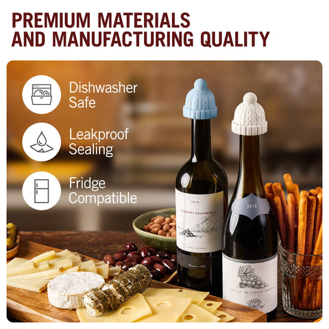 Wine bottle seal demonstrated by Monkey Business beanie stopper for preserving aroma.