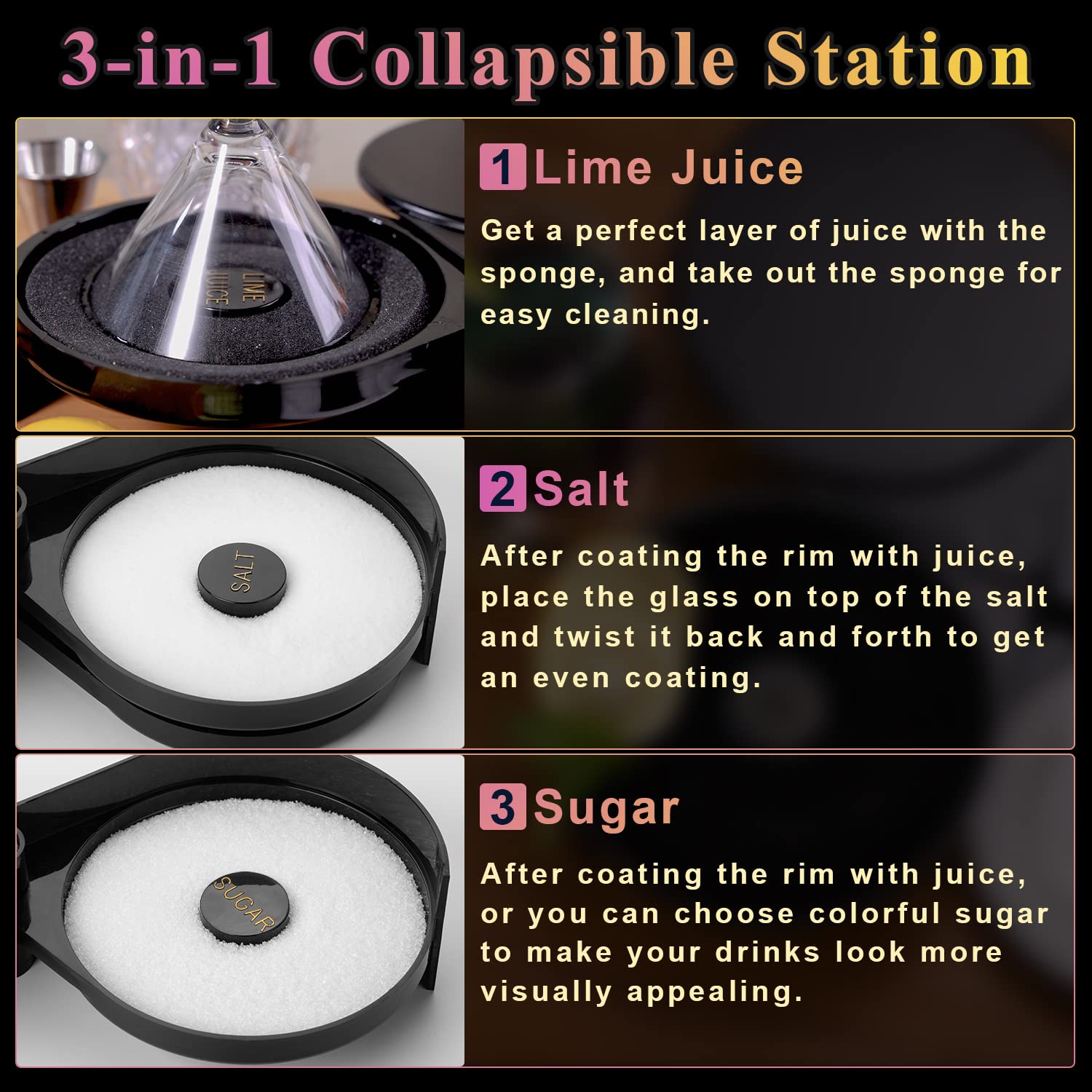 MONKKINO rim coating action shows effortless, even coverage when pressing glass against the salt or sugar