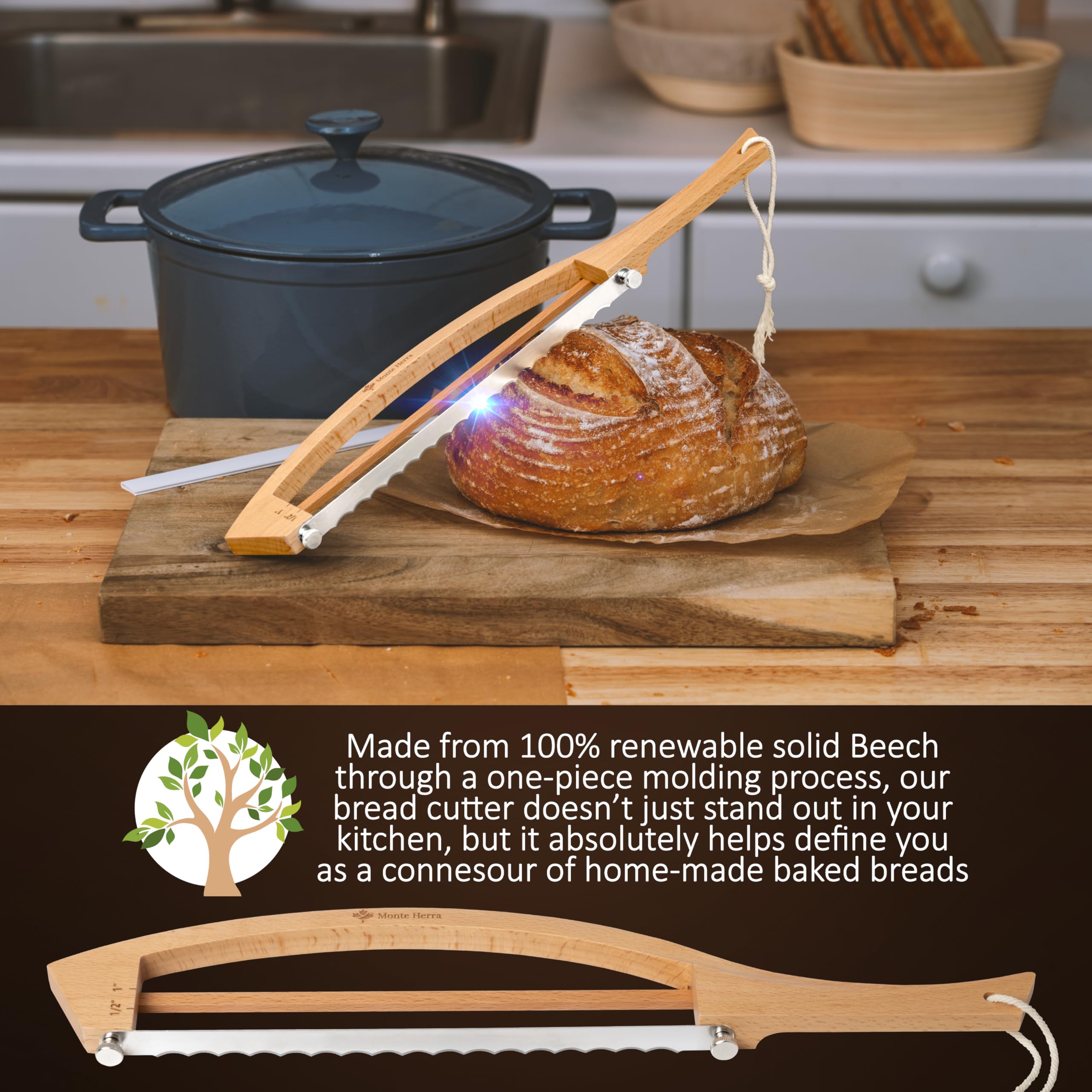 MonteHerra serrated stainless steel blade slices bread without crushing crumb.