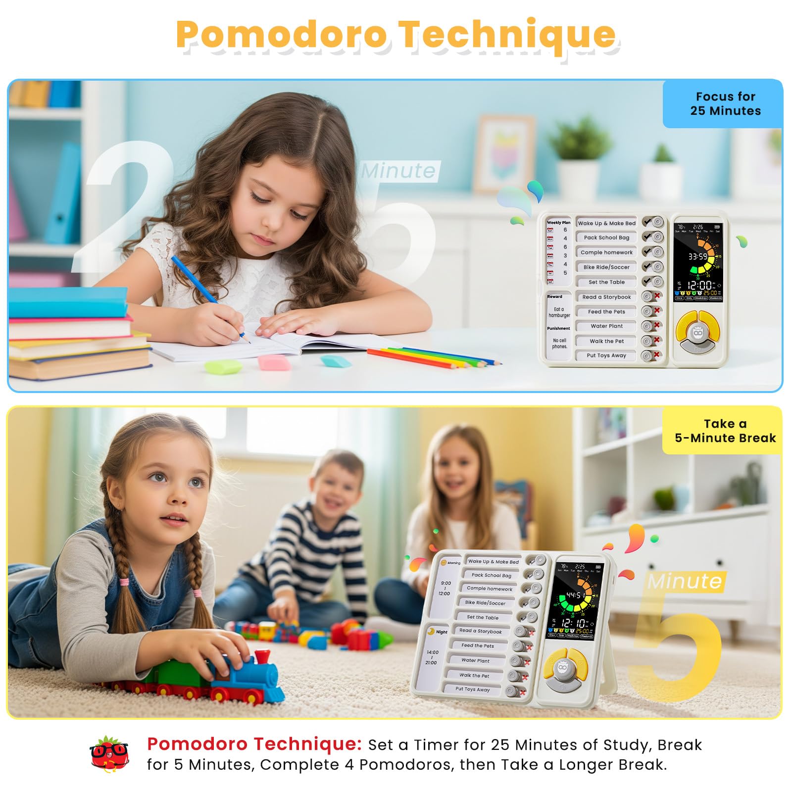 Mooking timer in silent operation with adjustable volume reduces classroom distractions.