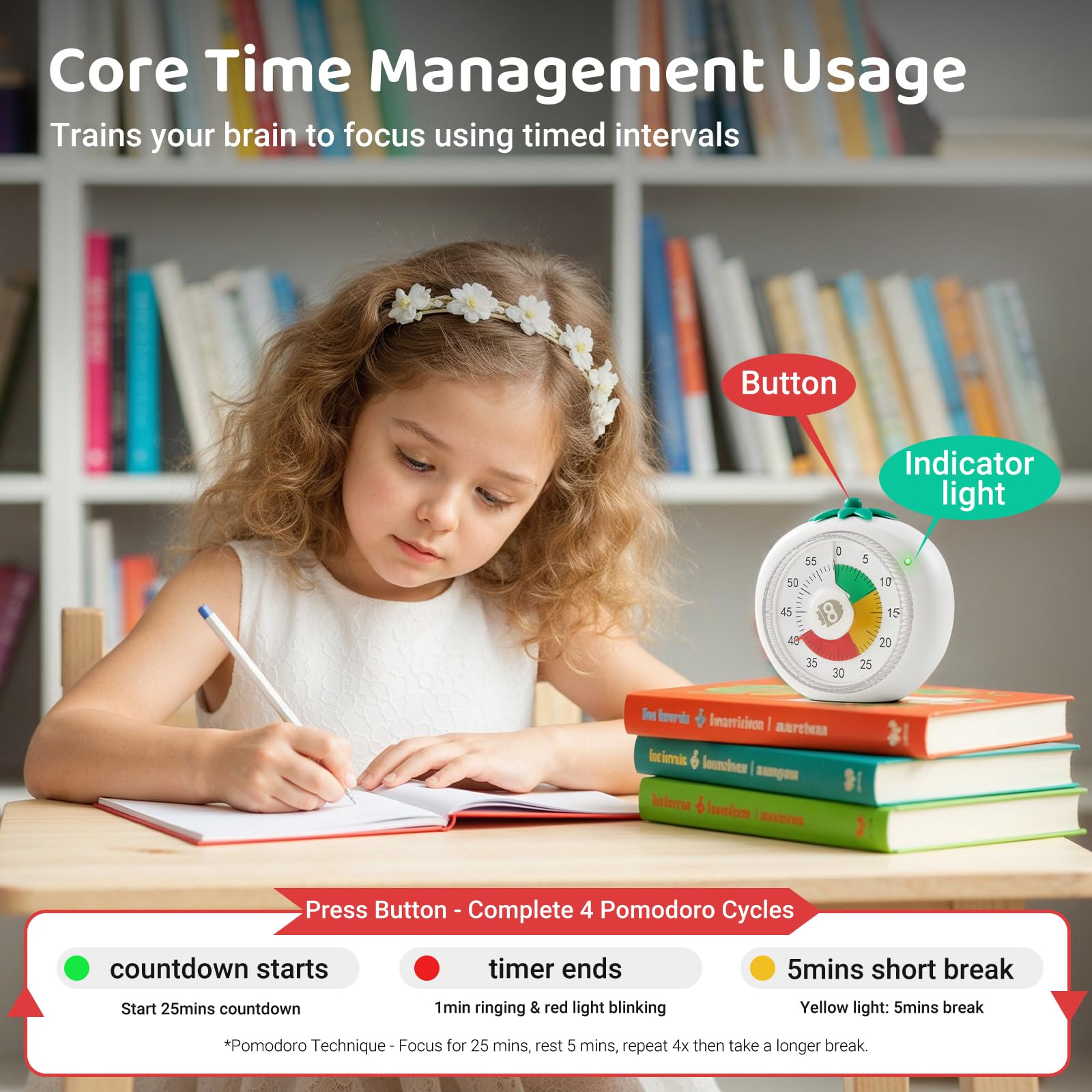 Mooking timer operates silently, letting focus-friendly work and study continue.