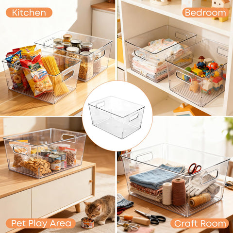 Moonedge clear storage bin nestable design for space-saving shelving.