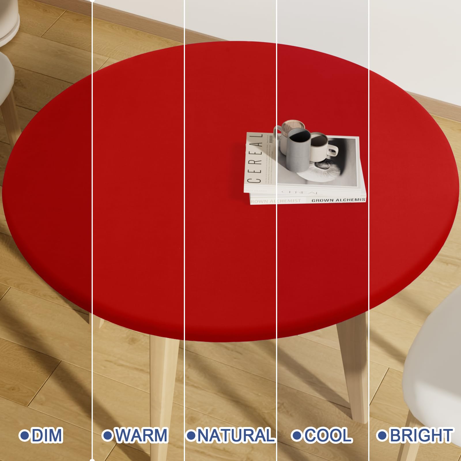 Moosfor red round tablecloth adds vibrant color to tables.