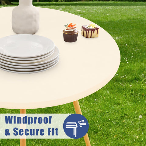 Moosfor round spandex tablecloth waterproof surface beads spills for easy cleanup.