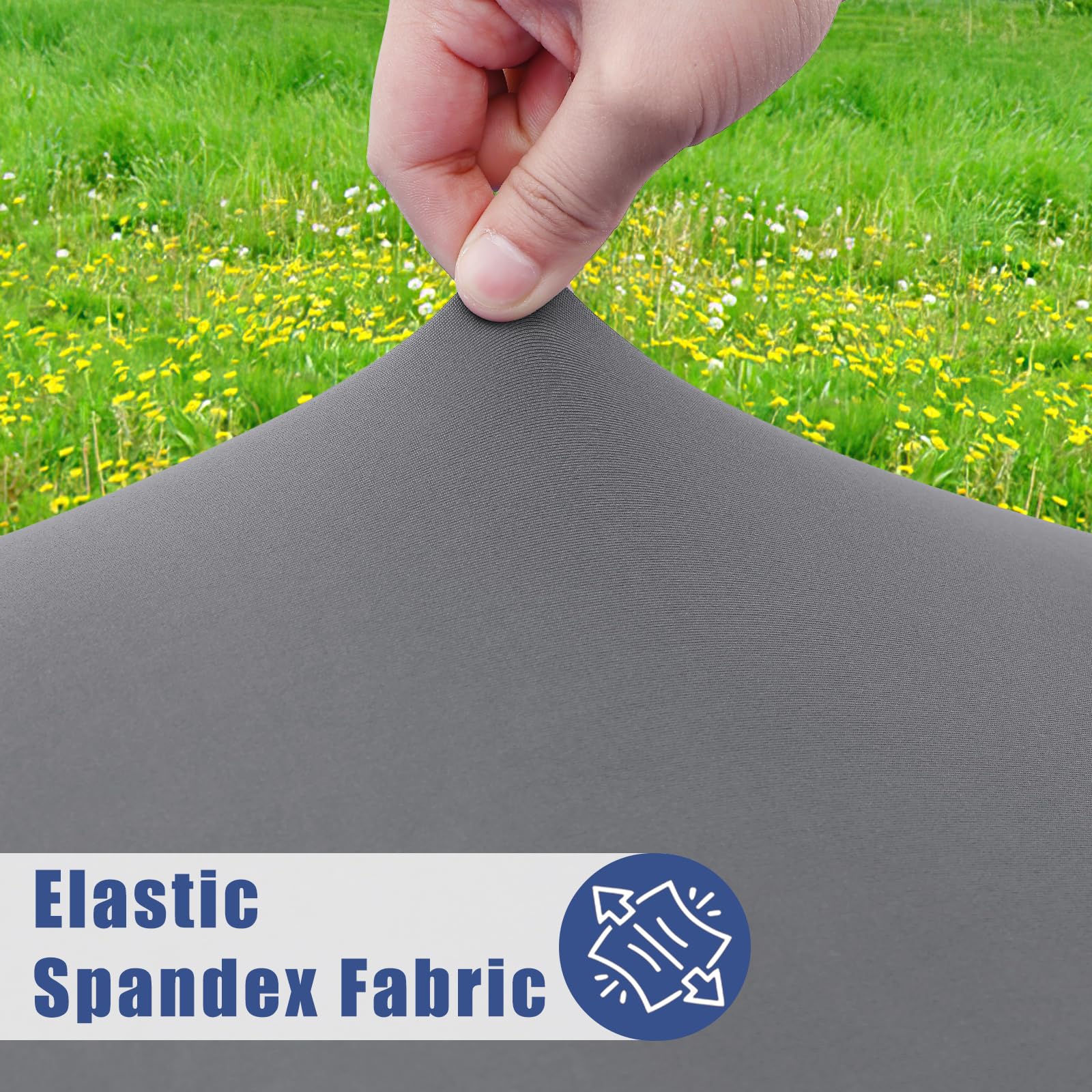 Moosfor round spandex tablecloth with wrap-around edges resists wind and shifting.
